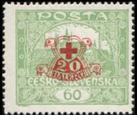 (1920-042) Марка Чехословакия "Собор Св. Николая (Светло-зеленая)"    Надпечатка 'Красный Крест' III